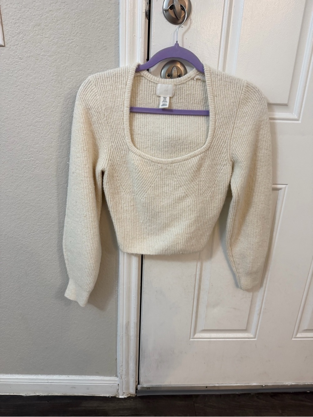 Cream Square-Neck Ribbed Knit Sweater